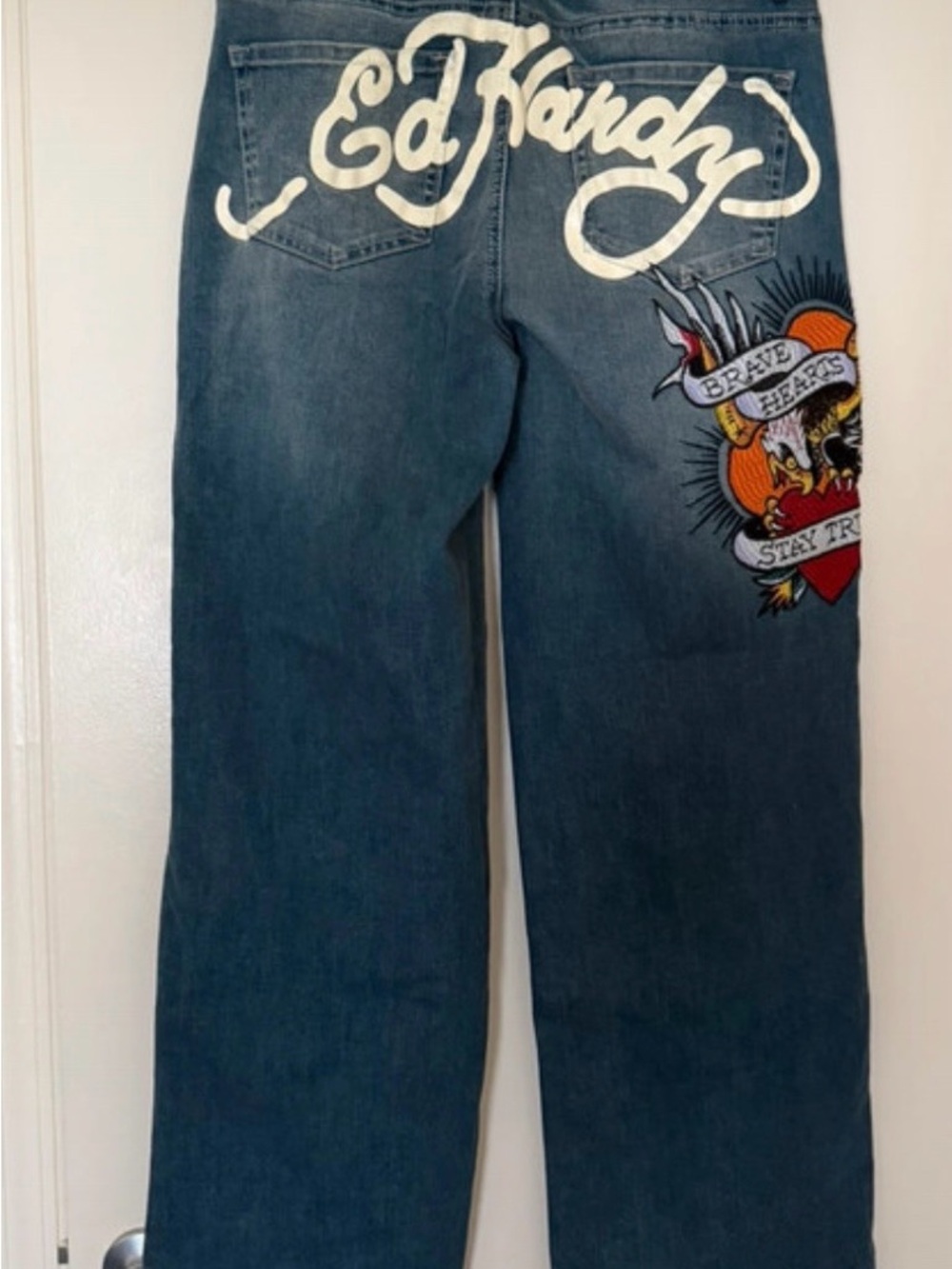 Ed Hardy Blue Denim Jeans with White Script and Multicolor Patch - Picture 3 of 8